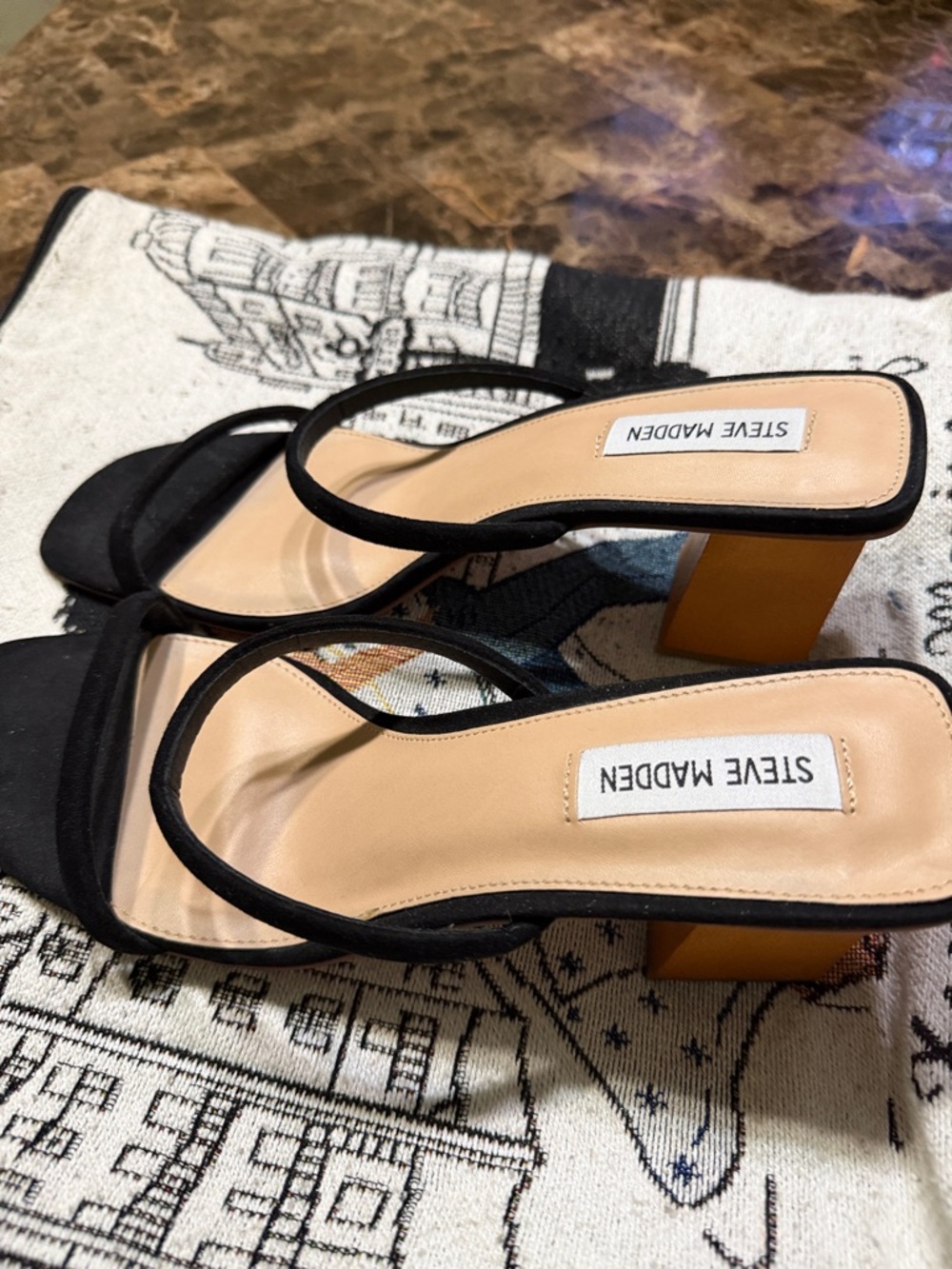Steve Madden Black Strappy Block Heel Sandals with Tan Block Heel